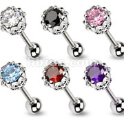 316L Surgical Steel Barbell with Floral Vintage Crown with Large CZ Top