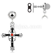 Add-On Red Gem Dark Cross Dangle Charm for Navel Rings, Dermal Anchors and More