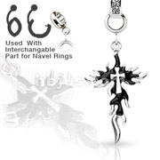Add-On Jet CZ Black Flaming Cross Dangle Charm for Navel Rings, Dermal Anchors and More