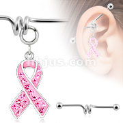 Add-On Multi Gem Pink Awareness Ribbon Dangle Charm for Navel Rings, Dermal Anchors and More