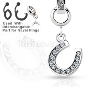Add-On Gem PAved Lucky Horse Shoe Dangle Charm for Navel Rings, Dermal Anchors and More