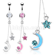 Dozen Pack of 316L Surgical Steel Star and Moon Epoxy Fancy Navel Rings