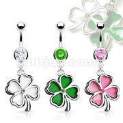 Dozen Pack of Double Layered Enamel Four-Leaf Clover Navel Ring with CZ