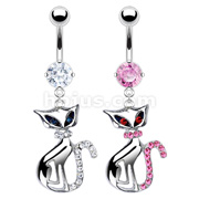 Dozen Pack of Assorted Color 316L Prong Set Gem Navel with CZ Eyes Cat Dangle