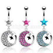 Dozen Pack of Assorted Color 316L Surgical Steel Prong Set Star Navel with Gem Paved Moon and Star Round Dangle 