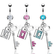 Dozen Pack of Assorted Color 316L Surgical Steel CZ Navel with Gem Lock and Key Dangle