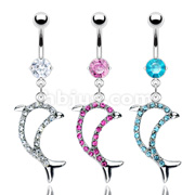 Dozen Pack of Assorted Color 316L Prong Set Navel with Multi Gem Paved Dolphin Dangle
