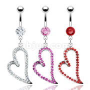 Dozen Pack of Assorted Color 316L Prong Set Gem Navel with Gem Paved Heart Dangle