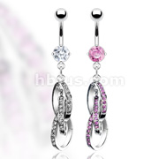 Dozen Pack of Assorted Color 316L Prong Set Gem Navel with Triple Gem Round Loop Dangle