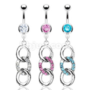 Dozen Pack of Assorted Color 316L Prong Set Gem Navel with Triple Gem Loop Dangle