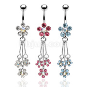 Dozen Pack of Assorted Color 316L Surgical Steel CZ Flower Navel Ring with 3 CZ Flower Dangle