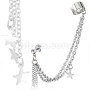 316L Surgical Stainless Steel CZ Stud Chain Earring with Star Dangles and End Clip