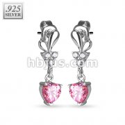 Pair of 925. STERLING SILVER STUD EAR RINGS W/ALL PRONG SET PINK CZ HEART