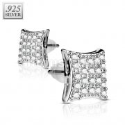 Pair of .925 Sterling Silver Gem Paved Hyperbolic Square Stud 