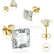 Pair of 14 Karat Gold  Stud Earrings with Square Clear CZ