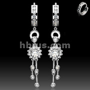 925. STERLING SILVER PAVE GEMED HUGGIE EAR RINGS W/ROUND CZ FLOWER  DANGLES. ALL CZS ARE BEZEL SET OR PRONG SET.