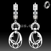 925. STERLING SILVER PAVE GEMED HUGGIE EAR RINGS W/PAVE GEMED HORSDE SHOE & HEART DANGLES. ALL CZS ARE BEZEL SET OR PRONG SET.