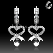 925. STERLING SILVER PAVE GEMED HUGGIE EAR RINGS W/PAVE GEMED HEART BOW DANGLES. ALL CZS ARE BEZEL SET OR PRONG SET.