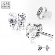 Pair of .925 Sterling Silver Stud Earring w/Clear Heart Shaped CZ
