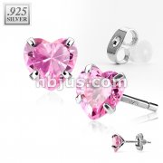 Pair of .925 Sterling Silver Stud Earring w/Pink Heart Shaped CZ