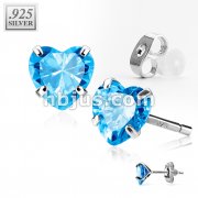Pair of .925 Sterling Silver Stud Earring w/Aqua Heart Shaped CZ