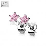 Pair of .925 Sterling Silver Stud Earring w/Pink Star Shaped CZ