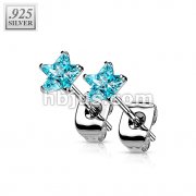 Pair of .925 Sterling Silver Stud Earring w/Aqua Star Shaped CZ