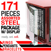 171 Pcs of Assorted 316L Stainless Steel Bracelets, Pendants, and Rings Package with VERSA Display