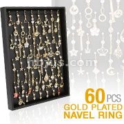 60 Pcs of Assorted Gold Plated Fancy Navel Rings with Tufted Leatherette V-Clip 