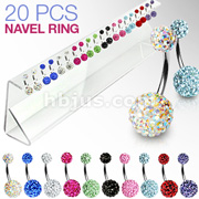 20 Pcs of Assorted 316L Surgical Steel Multi-Gem Ferido Navel Ring with Acryl Display