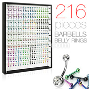 216 Pcs of Titanium Anodized & Stainless Steel Barbells and Navel Rings Mix Package with Display