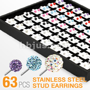63 Pairs of Multi Crystal Ferido Ball Ear Studs with Free Display Tray