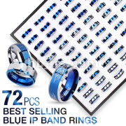 72 Pcs of Assorted Best Selling 316L Stainless Steel Blue IP Band Rings with Square Tray Display