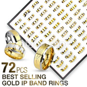 72 Pcs of Assorted Best Selling 316L Stainless Steel Gold IP Band Rings with Square Tray Display