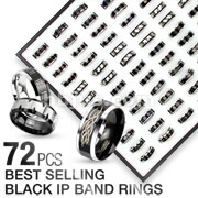 72 Pcs of Assorted Best Selling 316L Stainless Steel Black IP Band Rings with Square Tray Display