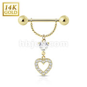 14 Karat Solid Yellow Gold Pave Gemmed Heart Dangle Nipple Ring