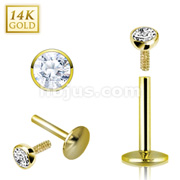14 Karat Solid Yellow Gold Internally Threaded Bezel Set Gem Ball Top Labret Monroe