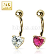 14 Karat Solid Yellow Gold Navel Ring with Prong Set Heart CZ