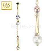 14 Karat Solid Yellow Gold Flower CZ Prong Navel Ring with Princess CZ Light Gold Tinted Miracle Ball Chandelier Bar