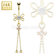 14 Karat Solid Yellow Gold Round CZ Prong Butterfly Navel Ring with Rose Gold Studs and Disco Globe Dangle