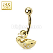 14 Karat Solid Yellow Gold Navel Ring with Triple Paved CZ Swan