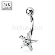 14 Karat Solid White Gold Navel Ring with Princess Cut  CZ and Round CZ Center Star