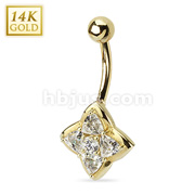 14 Karat Solid Yellow Gold Navel Ring with Quad Triangular CZ with Round CZ Center