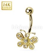 14 Karat Solid Yellow Gold Navel Ring with Multi-CZ Paved Butterfly