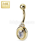 14 Karat Solid Yellow Gold Navel Ring with Renaissance Layered Oval Setting with CZs
