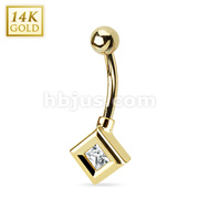14 Karat Solid Yellow Gold Navel Ring with Square CZ Dia Prong
