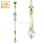 14 Karat Solid Yellow Gold Flower CZ Prong Navel Ring with Princess CZ Silver Miracle Ball Chandelier Bar