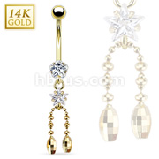14 Karat Solid Yellow Gold Flower CZ Prong Navel Ring with Star CZ Double Disco Globe Oval Dangle