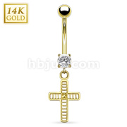 14 Karat Solid Yellow Gold Round CZ Prong Navel Ring with Hollow Lined Cross Dangle
