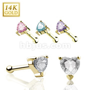 14 Karat Solid Yellow Gold Prong Heart CZ Nose Stud Ring